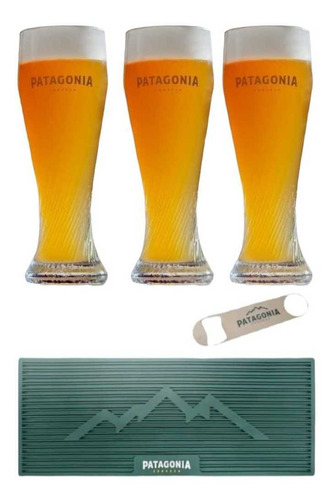 3 Vasos Cerveza Patagonia Curvos + Esterilla + Destapador 