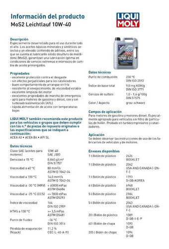 Aceite 10w40 Mos2 Leichtlauf Liqui Moly 1 L