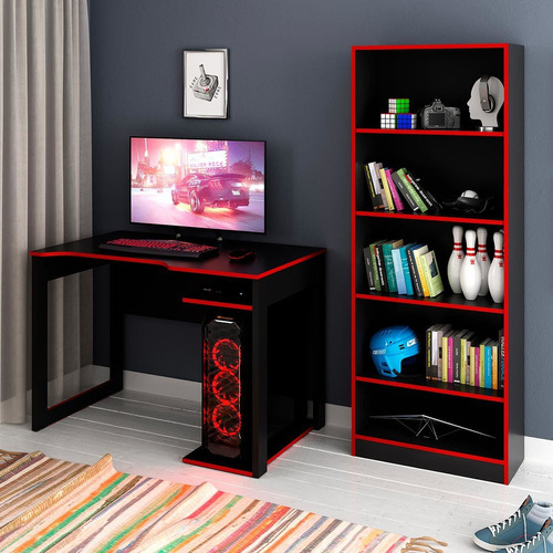 Mesa Gamer Para Computador Com Estante Para Livros E Jogos Cor Preto Com Vermelho