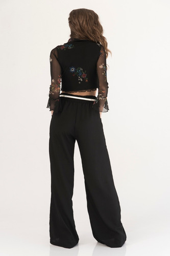 Pantalon Palazzo Negro Tiro Alto Elastico Cintura Bolsillos