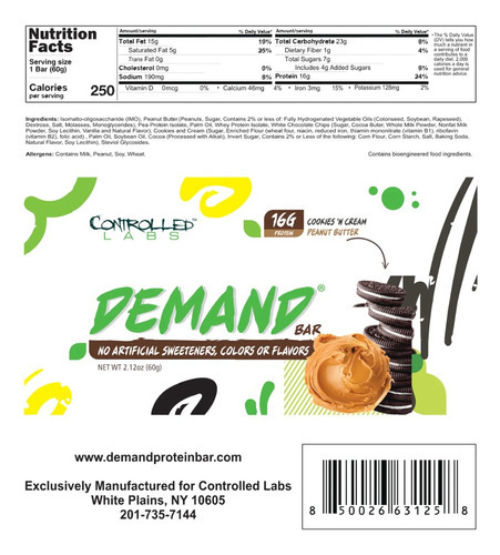 Controlled Labs Demand Barra Proteica 16gr, 60gr 3 Pack Sabor Cookies And Cream/mantequilla De Maní