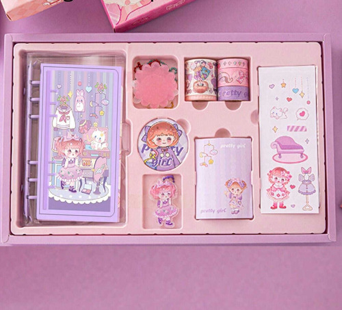 Set Kit Papelería Kawaii Washitape Sticker Libreta Notas :)