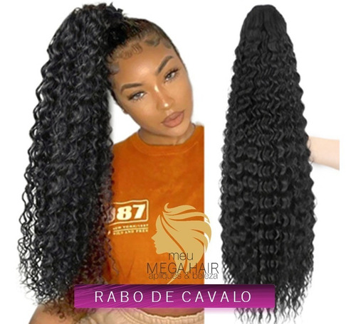 Aplique Rabo De Cavalo 60cm Bio Orgânico Preto Ondulado Cacheado 60cm Velcro