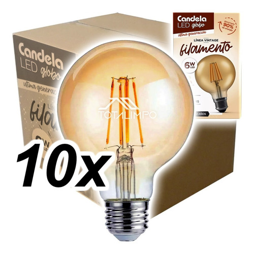 Foco Led Candela Filamento Color Ámbar 6w 220v 3000k 660lm Por 10 Unidades