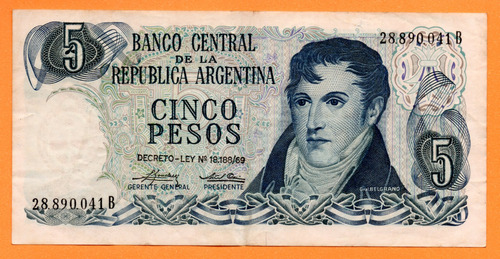 Billete 5 Pesos Ley, Bottero 2331, Año 1975 Mb