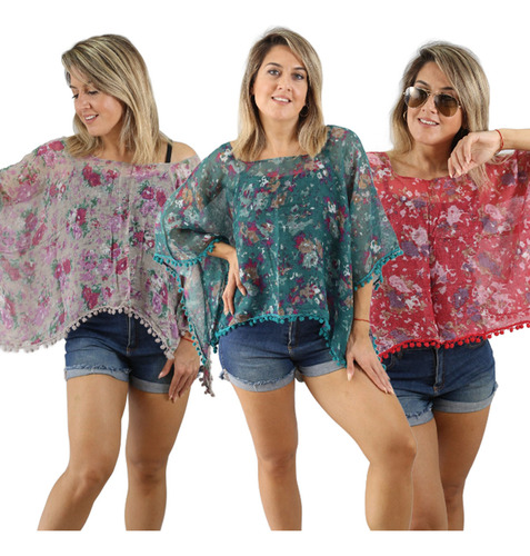 Blusa Grande Estampado Combo X3 Poncho Mujer Playera Set