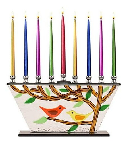 Imagen 1 de 5 de Ner Mitzvah Glass Hanukkah Menorah - Birds, Tree Of Life Men