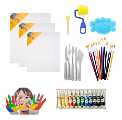 Kit Pinturas Arte Para Niños Bastidor Pinceles