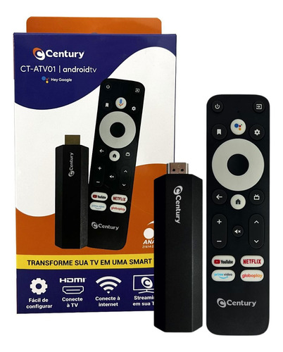 Receptor Smart Tv Android Ct-atv01 Century Preto Padrão