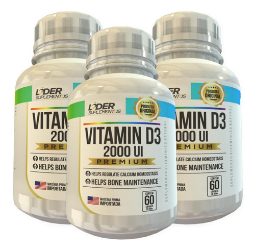 Vitamina D3 Caps 2000ui 500mg 60 Cápsulas Kit Com 3 Potes