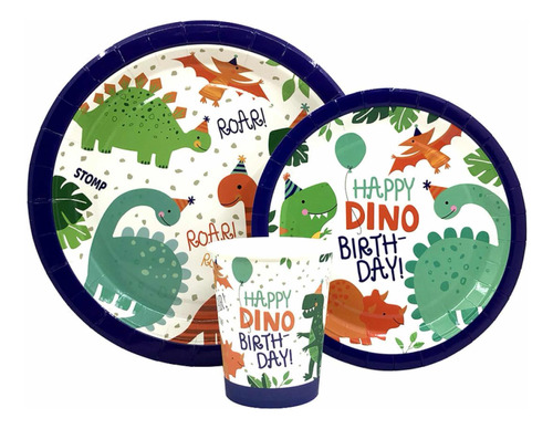 Set Dino 10 Platos 23cm + 10 Platos 18 Cm + 10 Vasos