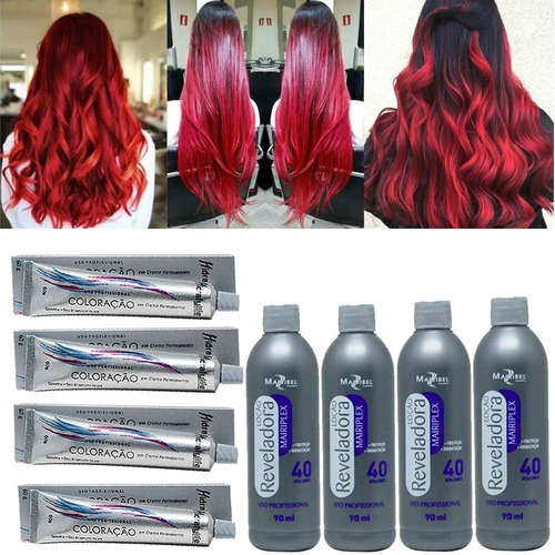 Kit 04 Tintas Vermelho N° 66.66 E 04 Ox 40vol 90ml Mairibel Tom 66.66 Louro Escuro Vermelho Intenso