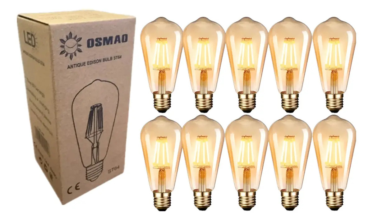 Pack 10 Ampolletas Filamento LED Vintage E27, 4W de Luz Cálida
