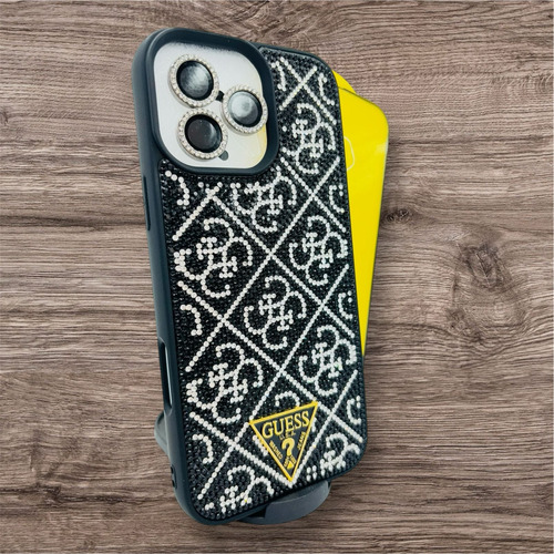 Funda Lujo Brillos + Mica Cristal Para Iphone 16 Pro Negro Lujo