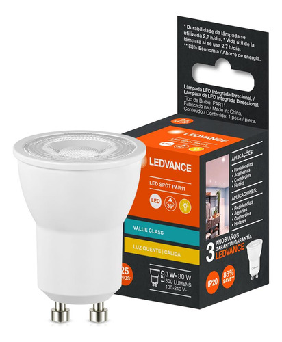 7019620 - Led Dicróica Par11 3w 2700k Biv Gu10 - Ledvance Cor da luz Branco-quente