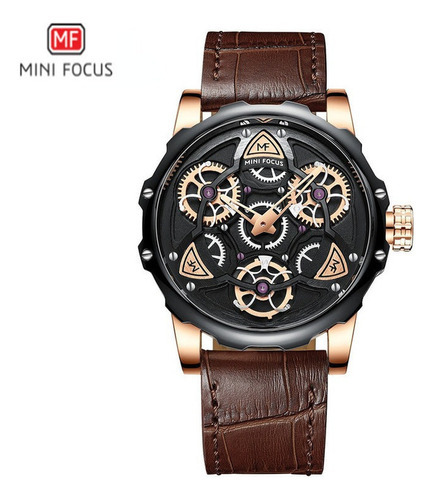 Reloj Mini Focus Hombre Acero Negro Y Cuero Marrón Min-19 Color del fondo Gris oscuro