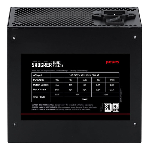 Fonte Gamer Shocker Full Modular 600w 80 127/220v Pcyes