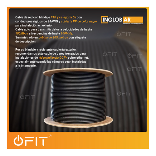 Imagen 5 de 10 de Cable De Red Ftp Blindado Inglobar Bobina 305mts Exterior Cat 5e Full