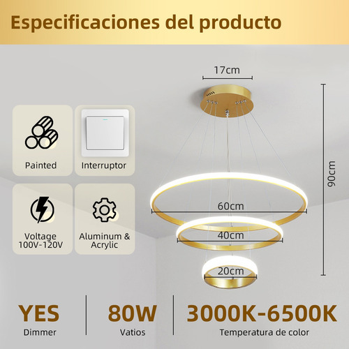Lámpara De Techo Led Colgante Iluminación Regulable 3000k-6500k, Para Sala De Estar Cocina Comedor, Altura Ajustable De 1-90 cm