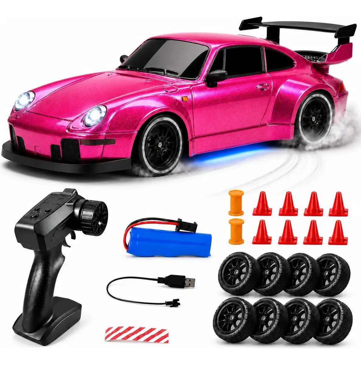 Carrinho De Controle Remoto Porsche Drift 4x4 Alta Velocidade 20km/h Bateria Recarregavel 2 4ghz Escala 1:24 Com Luzes Led Pneus Extras E Cones De Obstaculos Kizumba Cor Rosa