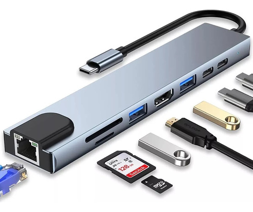 Hub Adaptador 8 em 1 Dock Station USB-C de 8 Portas com Hdmi, Ethernet RJ-45, USB 3.0, USB-C e MicroSD/SD/TF Exbom UDC-PHNR1008A Compatível Com Pc, Notebook E Macbook
