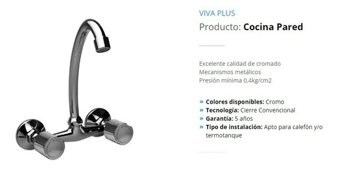Griferia Doble Comando Cromo Pared Cocina Hydros Viva Plus