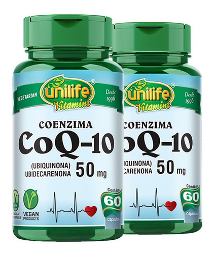 Kit 2 Coenzima Coq-10 - 50 Mg Unilife 60 Capsulas Veganas Sabor Sem Sabor