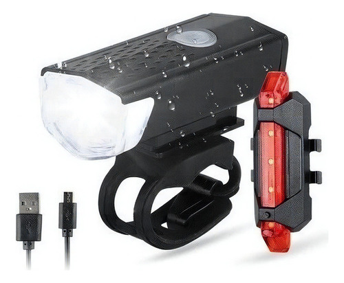 Linterna de bicicleta recargable por USB con soporte, color negro