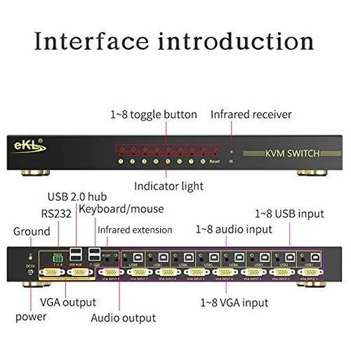 Conmutador Automático Ekl Vga Kvm, 8 Puertos, Entrada Y 2 Sa