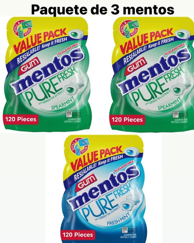 3 Paq. De Mentos Sin Azúcar 120 Unidades 2 Verdes Y 1 Azules