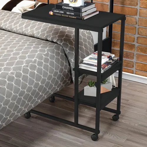 Mesa Auxiliar Regulável CasaH Preta MDP 80x60x36cm com Rodízios