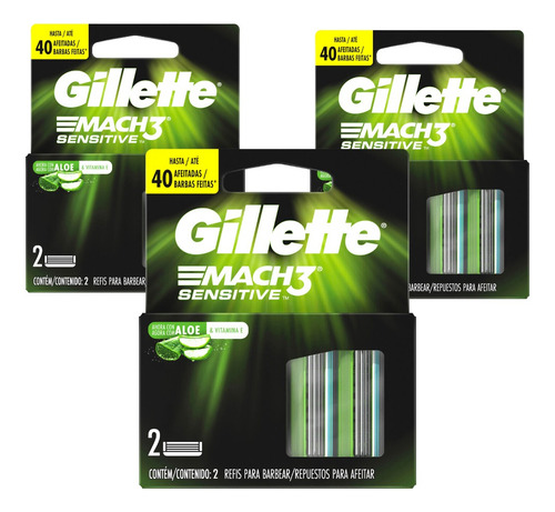 3 Pack Repuestos Para Afeitar Gillette Mach3 Sensitive