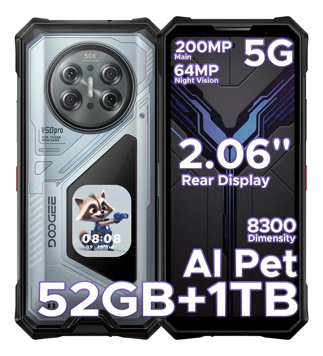 DOOGEE V50 Pro Celular Resistente 5G Android 16,52gb RAM +1TB ROM,Cámara AI 200MP, Batería 11000mAh,Pantalla AMOLED Trasera 2.06",IP68/NFC/Dual SIM,Smartphone Resistente Desbloqueado Walkie-talkie