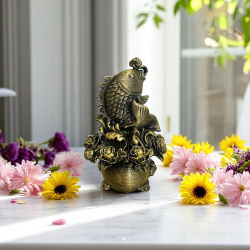 Figura De Pez Koi Fehg Shui Flores 15 Cm Oriental Almabuddha Oro Antiguo