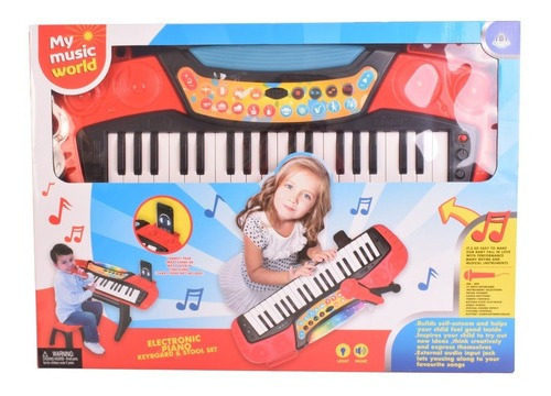 Organo Teclado Musical Con Asiento Con Luces Y Sonido 53cm Color Rojo