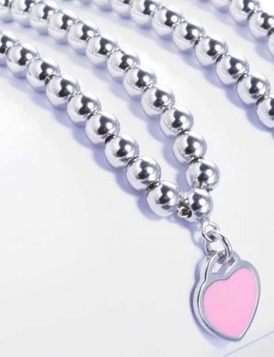 Imagen 1 de 2 de Pulsera Bolitas Rodinada Plata Corazón Esmaltado Rosa O Lila