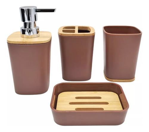 Set Baño X4 Piezas Plástico Bambu Cuadrado Master