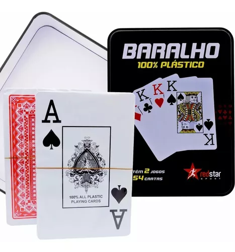 Jogos De Baralhos 100% Plastico Caixa Lata Metal Kit Com 2