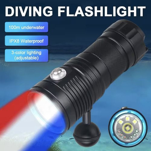 Lanterna Mergulho Subaquático 80w 100m 10led 3 Cores Ipx8