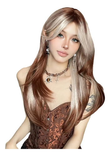 Wig Oneonly Cabello Largo Y Liso Con Mechas Marrones...
