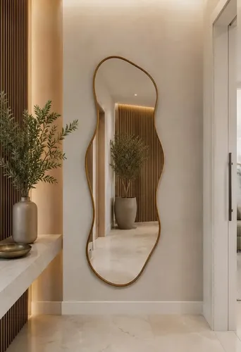 Espelho Grande Orgânico 100x50 Corpo Inteiro Moldura Couro Caramelo