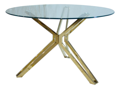 Mesa De Comedor Redonda Tiffany Vidrio Templado Estructura Metal Dorada 120x120x75cm