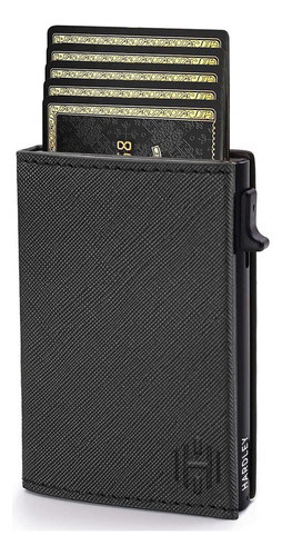 Billetera Hombre De Cuero Hardley Tarjetero Protección Rfid Negro Saffiano