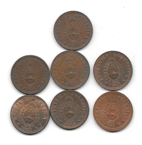 7 Monedas Argentina De Cobre De 2 Centavos Años 1939 A 1948