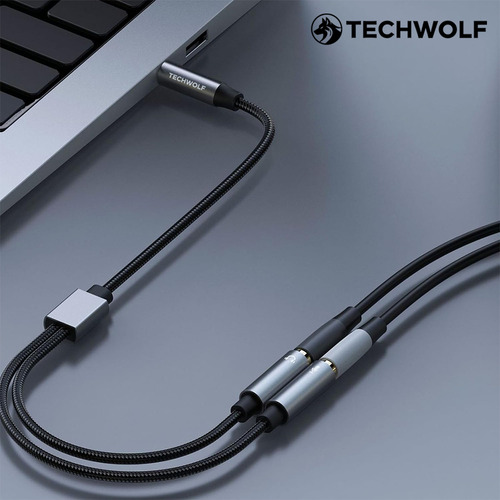 Cable Divisor De Audio De Auxiliar 3.5 Mm Macho A 2x 3.5mm Hembra Para Audífonos, Techwolf Adaptador De Audio Compatible Con Laptop, Celular, Tablet Y Pc 30cm De Longitud Color Gris