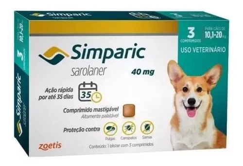 Simparic 40mg Zoetis Antipulgas e Carrapatos para Cães 10 a 20kg 3 Comprimidos R