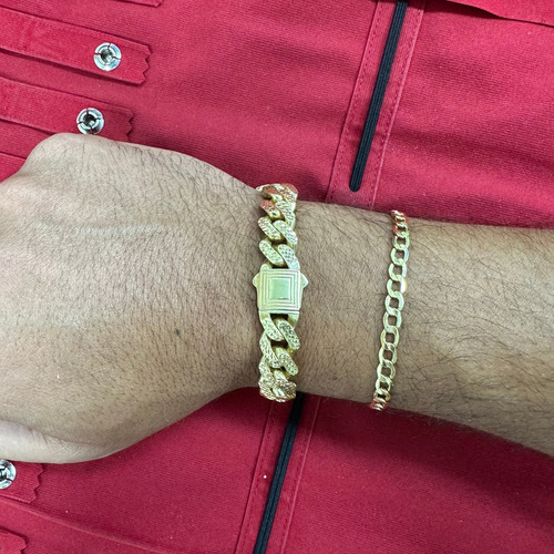 Pulsera Barbada Cubana 14k Kilates Alto Brillo 11mm 21cm Color Amarillo Diámetro 7 cm Largo 21 cm