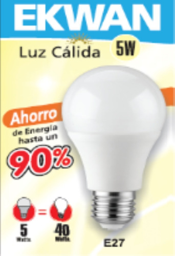Imagen 1 de 2 de Lámpara Led Bulbo Luz Cálida Rosca E27 Ekwan 5w=40w 450 Lume