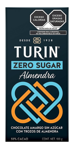 Turin Zero Sugar Amargo Con Almendra Barra Sin Azúcar 100g