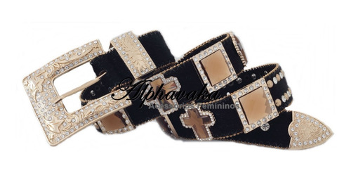 Imagem 2 de 4 de Cinto Feminino Country Preto Com Pelos Com Strass Fivela